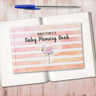 Coral Peach Striped Flamingo Baby Memory Book