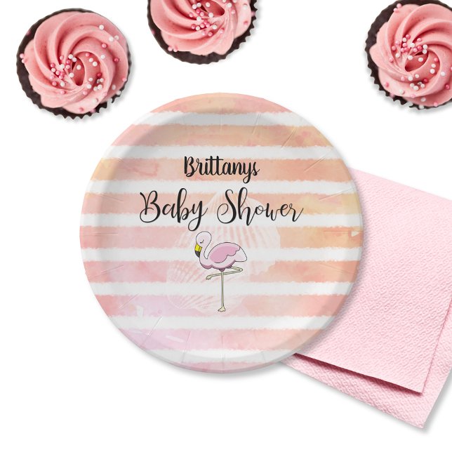 Coral Peach Striped Flamingo Baby Shower Paper Plate (Creator Uploaded)