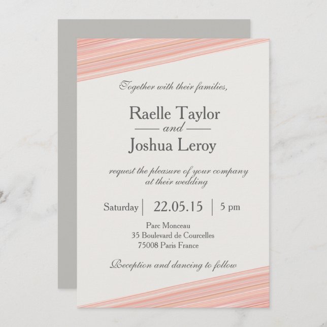 Coral peach stripes white grey wedding invitation (Front/Back)