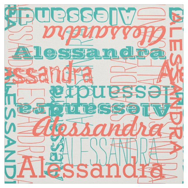 Coral Peach Teal Girl's Modern Name Collage Fabric (Swatch)