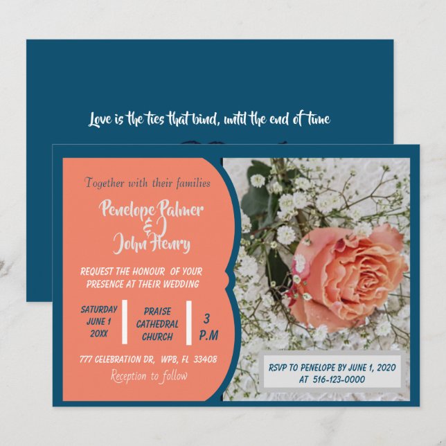 Coral Peach Teal White Floral Rose Invitation (Front/Back)