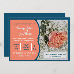 Coral Peach Teal White Floral Rose Invitation