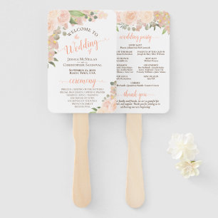 Coral Peach Watercolor Floral Boho Wedding Program Hand Fan