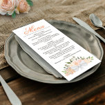 Coral Peach Watercolor Floral Elegant Wedding Menu<br><div class="desc">This beautiful wedding menu features a rustic boho chic design with a script calligraphy title and a cluster of hand painted watercolor roses, blossoms, and greenery in shades of coral peach and pale orange. The text is completely customisable with space for the couple's name & wedding date on the back....</div>