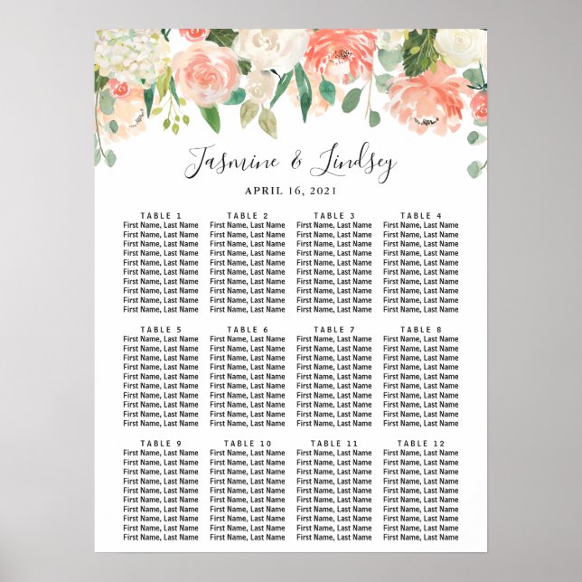 Coral Peach White Floral Wedding Seating Chart (Front)
