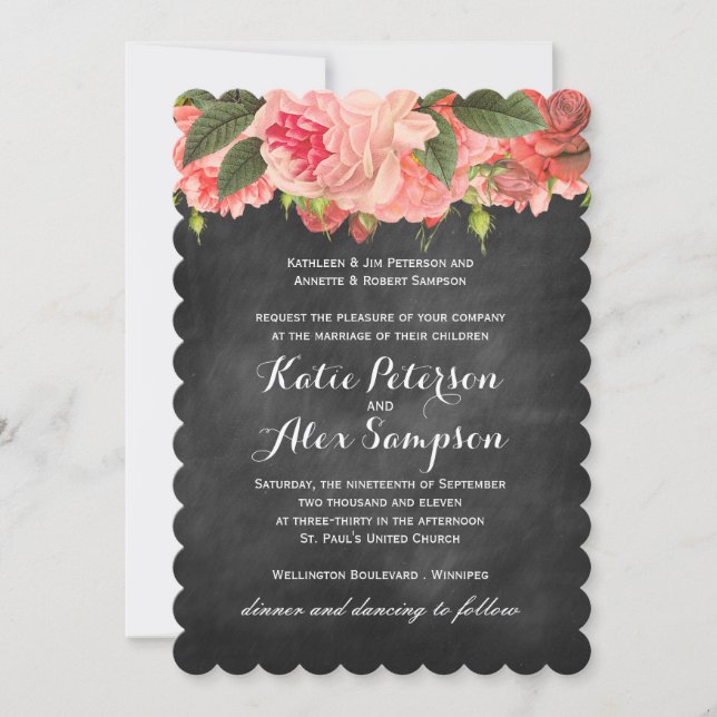 Coral Peonie Chalkboard Wedding Invitation (Front)