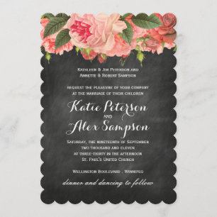 Coral Peonie Chalkboard Wedding Invitation