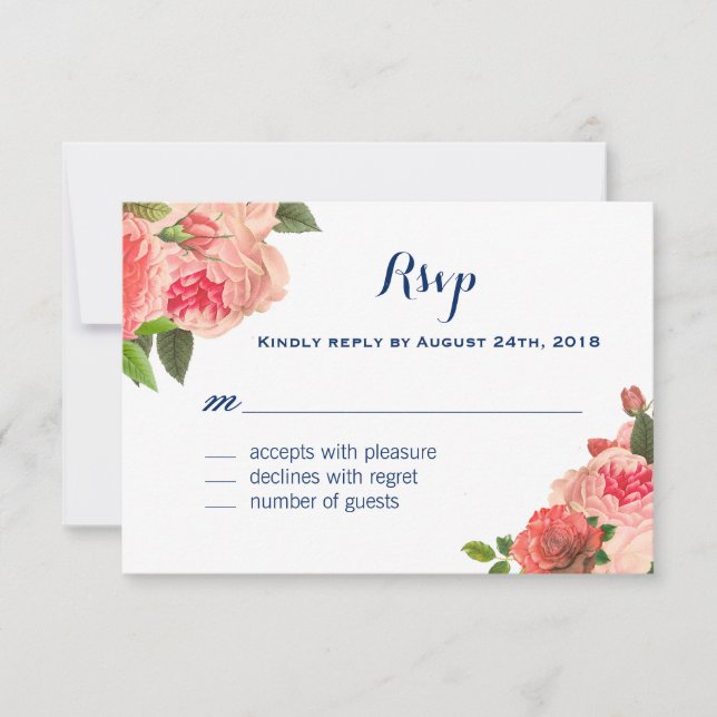 Coral Peonie on Navy RSVP Cards (Front)
