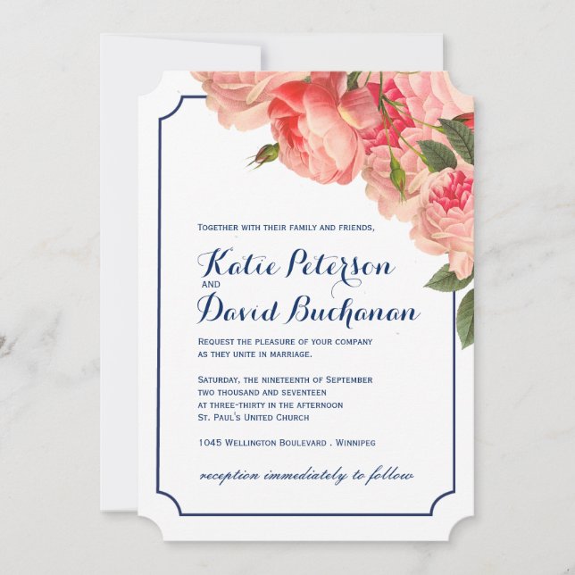 Coral Peonie on Navy Wedding Invitation (Front)