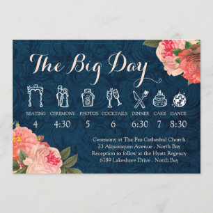 Coral Peonies and Navy Wedding Timeline Programme
