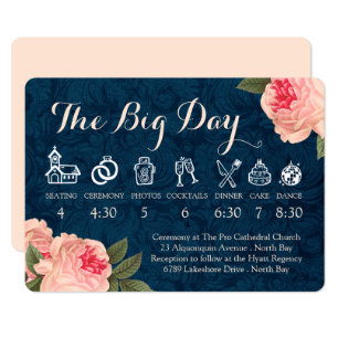 Coral Peonies and Navy Wedding Timeline Programme