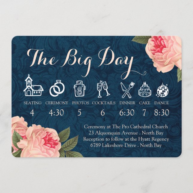 Coral Peonies and Navy Wedding Timeline Programme (Front)