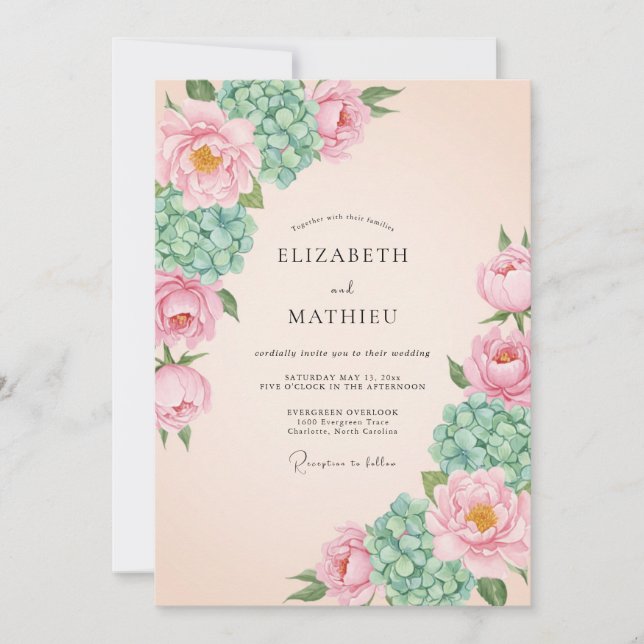 Coral Peony Blossom Wedding Invitation (Front)