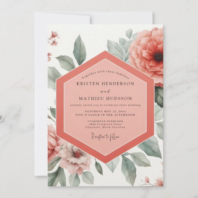 Coral Peony Botanical Romance Wedding Invitation (Front)