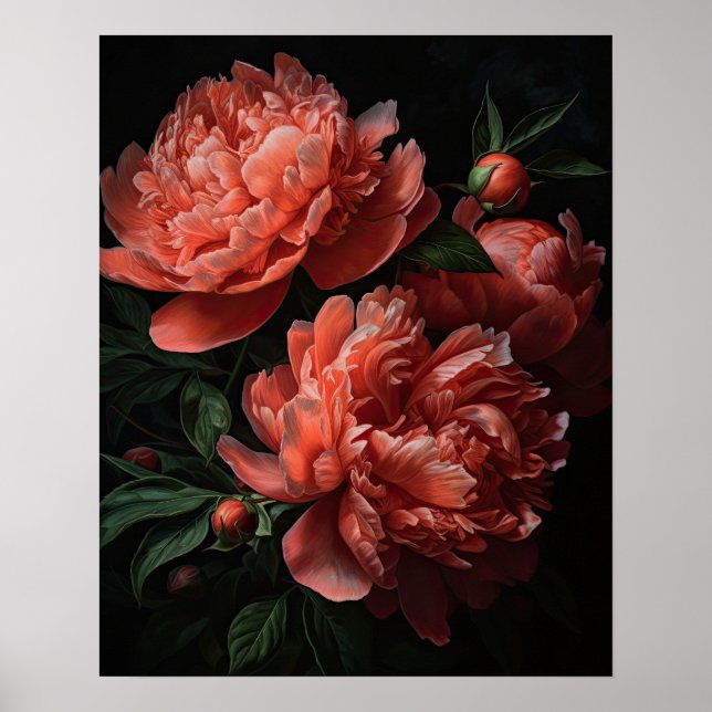 Coral Peony Flowers Art Print Poster (Front)