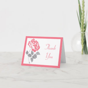 Coral Peony on White with Grey Thank You Card