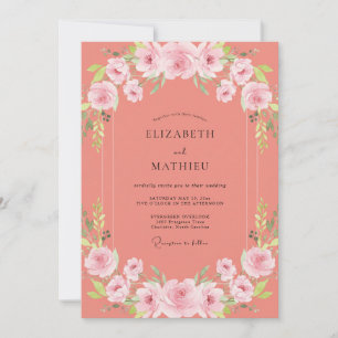 Coral Peony Watercolor Wedding Invitation