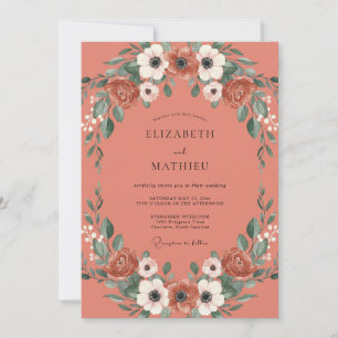 Coral Peony Wreath Wedding Invitation