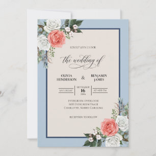 Coral Periwinkle Bouquet Eucalyptus Wedding Invitation