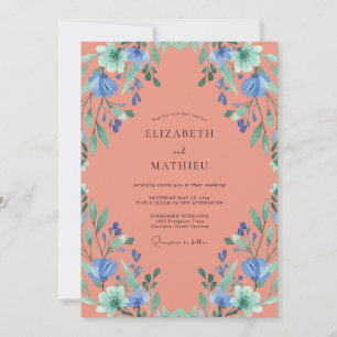 Coral Periwinkle Leafy Wedding Invitation