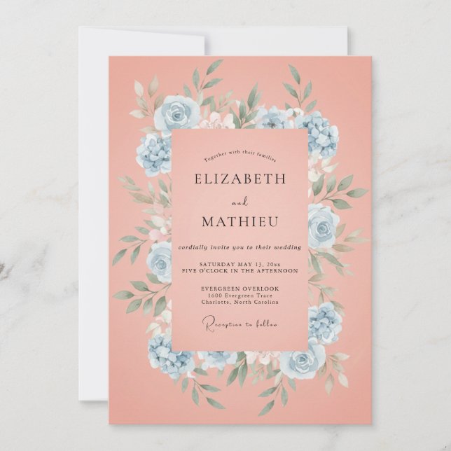 Coral Periwinkle Wreath Wedding Invitation (Front)