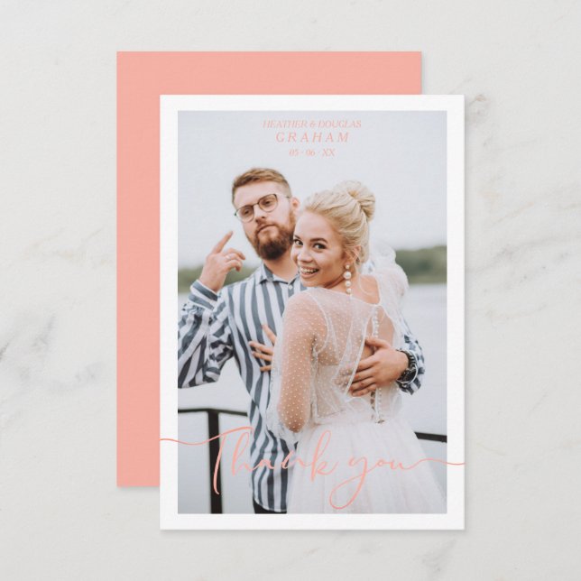 Coral Personalized Photo Wedding Whimsical Script Thank You Card (Front/Back)