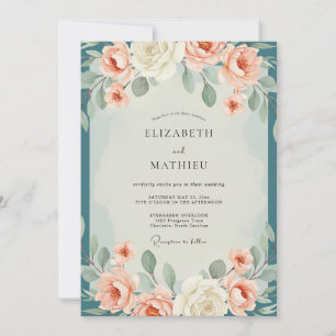 Coral Petrol Eucalyptus Wedding Invitation