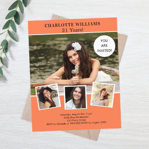 Coral photo collage birthday invitation