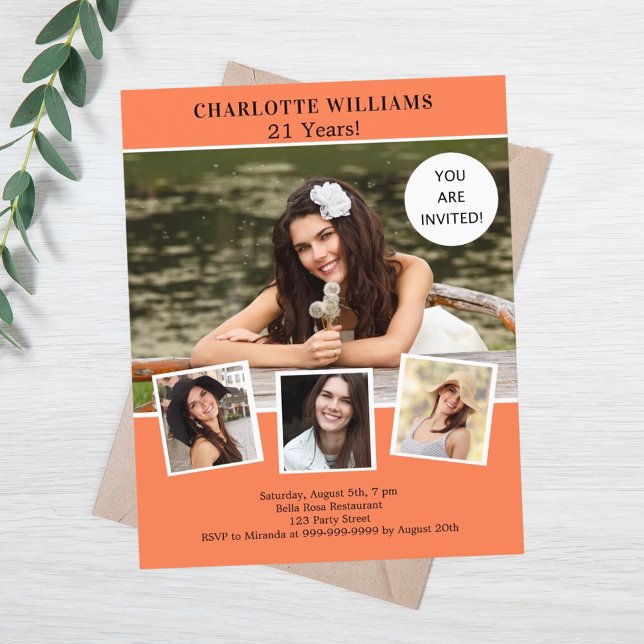 Coral photo collage birthday invitation (Creator Uploaded)