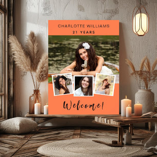 Coral photo collage birthday party welcome poster