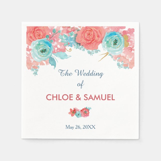 Coral Pink and Aqua Floral Wedding Napkin (Front)
