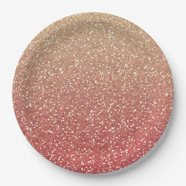Coral Pink and Gold Faux Glitter Paper Plate (Front)