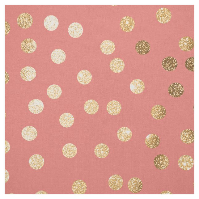 Coral Pink and Gold Glitter City Dots Fabric (Swatch)