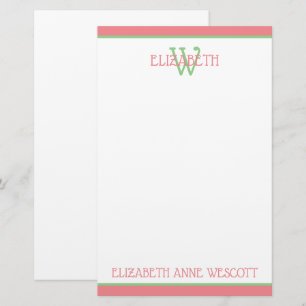 Coral Pink and Green Monogram Stationery