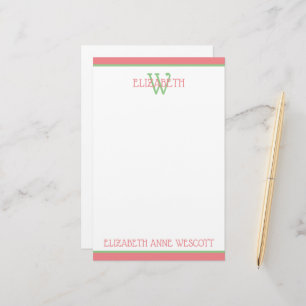 Coral Pink and Green Monogram Stationery
