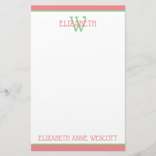 Coral Pink and Green Monogram Stationery
