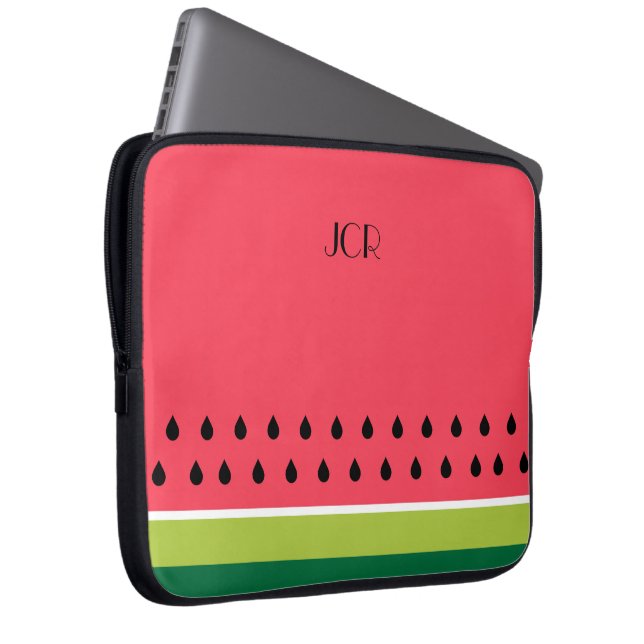 Coral Pink and Green Striped Melon Fruit Pattern Laptop Sleeve (Front Right)