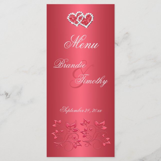 Coral Pink and Grey Floral Hearts Menu Card (Front)
