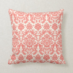 Coral Pink and Ivory Elegant Damask Pattern Cushion