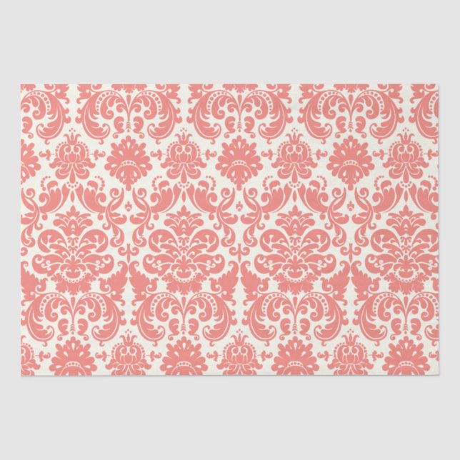 Coral Pink and Ivory Elegant Damask Pattern Tissue Paper (Front)