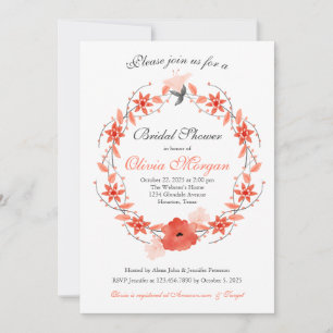 Coral Pink and Orange floral wreath bridal shower Invitation