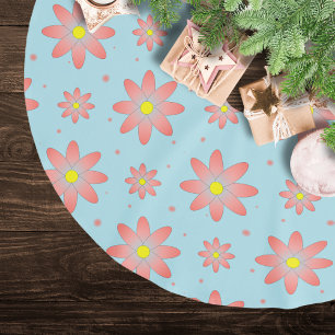 Coral pink and powder blue delicate daisy flowers brushed polyester tree skirt