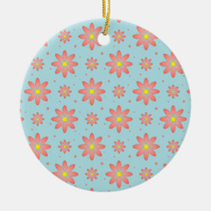 Coral pink and powder blue delicate daisy flowers ceramic tree decoration