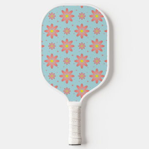 Coral pink and powder blue delicate daisy flowers pickleball paddle