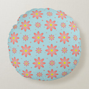 Coral pink and powder blue delicate daisy flowers round cushion