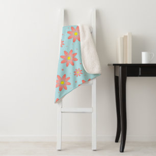Coral pink and powder blue delicate daisy flowers sherpa blanket