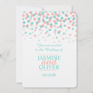 Coral pink and teal green blue wedding invites