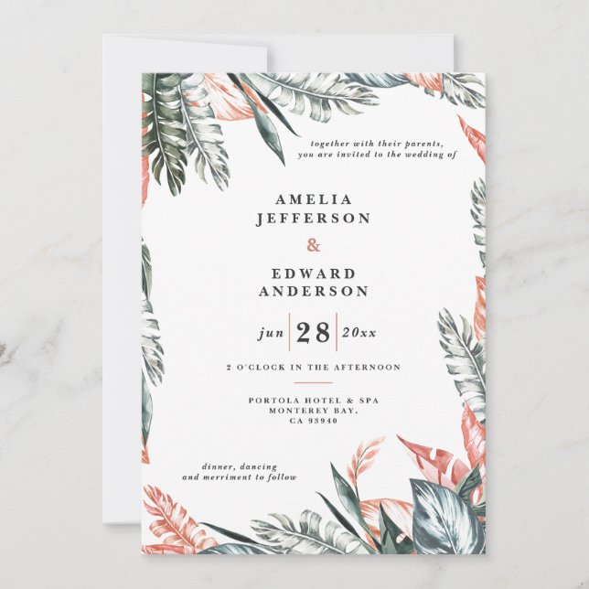 Coral pink and tropical leaf foliage wedding (Front)