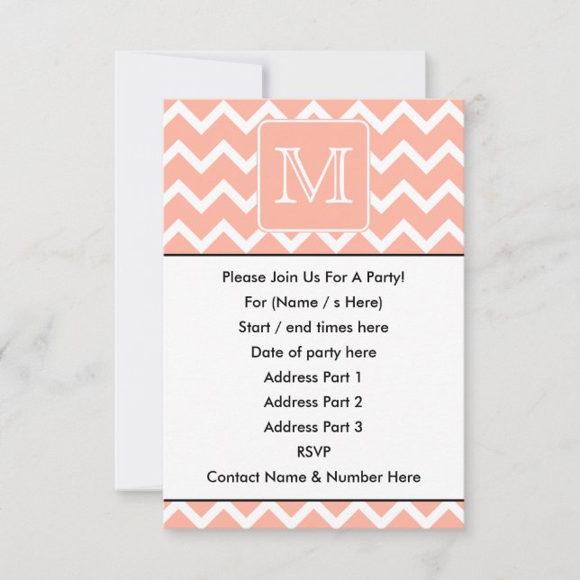 Coral Pink and White Chevron with Custom Monogram. Invitation (Front)