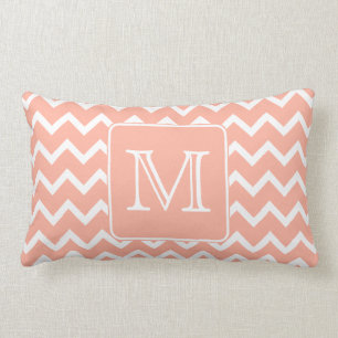Coral Pink and White Chevron with Custom Monogram. Lumbar Cushion